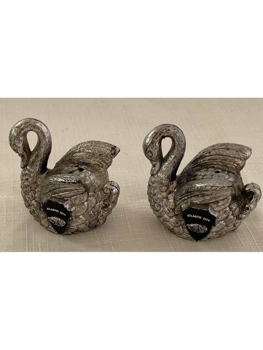 Vintage Deco Swan Silver Tone Plastic  Salt & Pepper Shakers Set “Atlantic City”